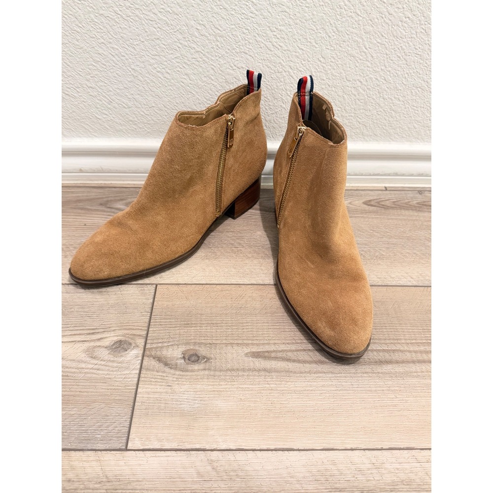 Tommy Hilfiger Womens Tan‎ Suede Ankle Boots Gold Zip Block Heel Booties 9.5